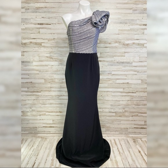 Frascara Sequin One Shoulder Ruffle Detail Gown Womens Size 6 Black Silver - Picture 3 of 15